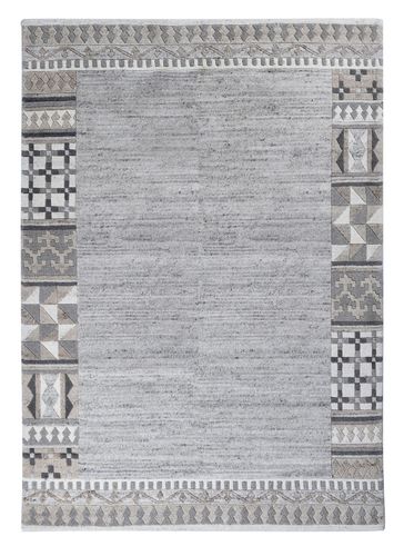 Moderner Design Teppich, handgeknüpft, meliert mit Bordüre, natur grau